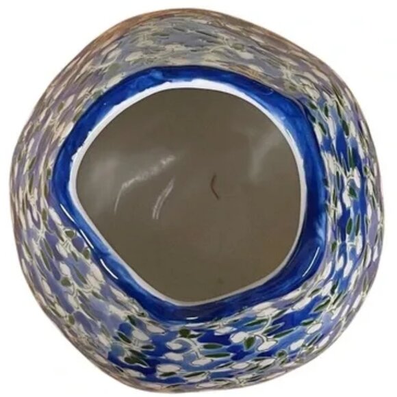 dorotea CAROLINA SILVA hand painted ceramic vase etched white flowers on blue - Picture 7 of 11